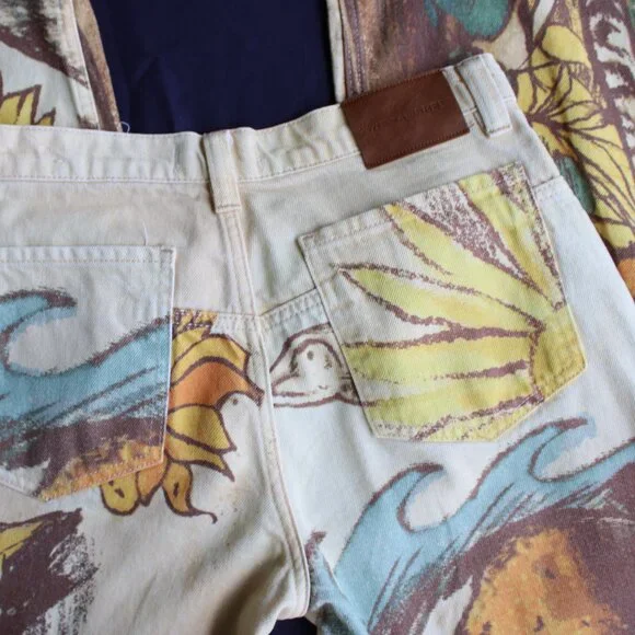 We The Free  tinsley beach scene printed denim jeans sunflowers wide leg barrel - Picture 13 of 14